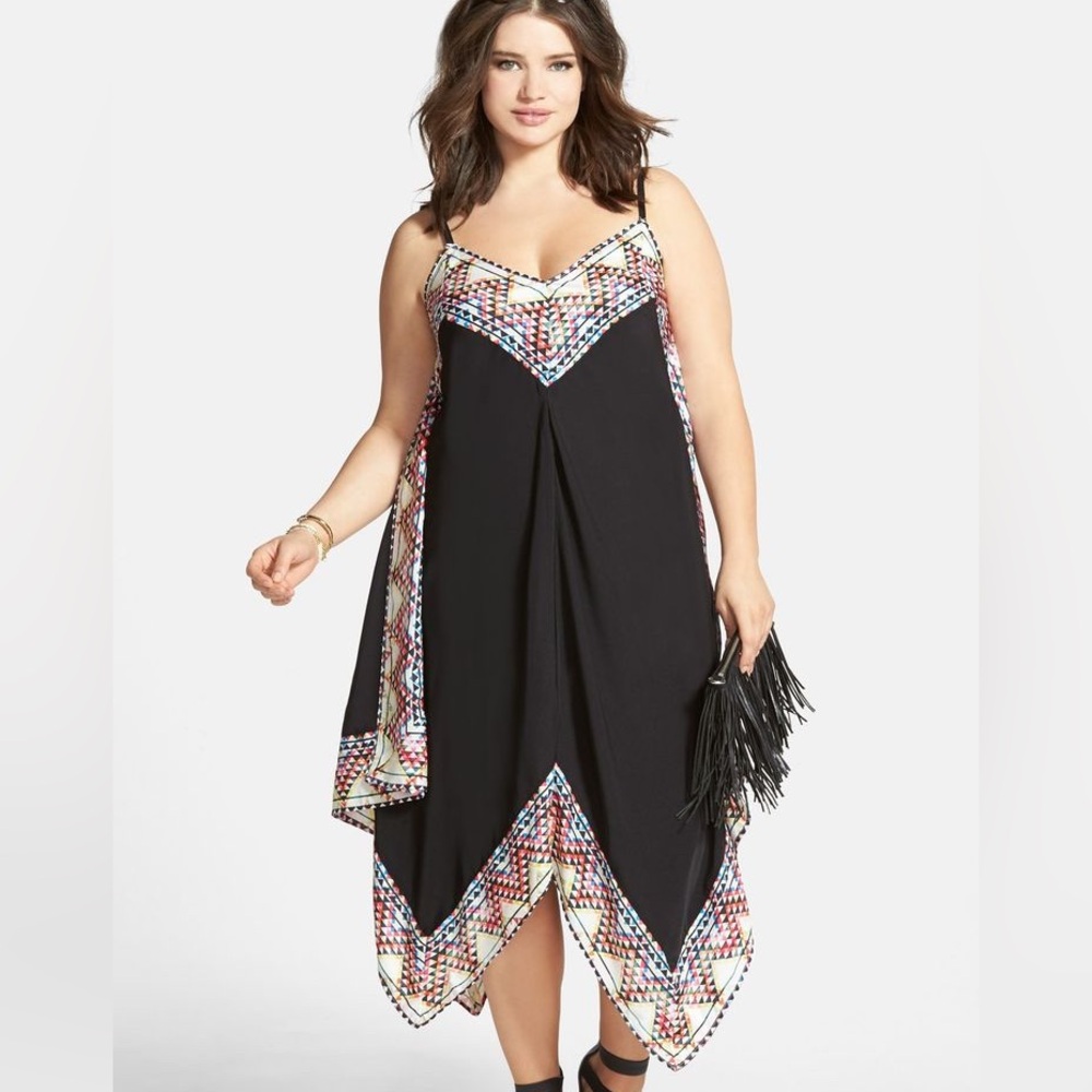 City Chic Asymmetrical Black Dress with Vibrant Pattern